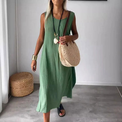 Vestido casual de algodón y lino sin mangas con bolsillos💃